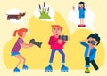 Proffecional photographer vector cartoon people holding camera to take a photography of sedge, posing girl and a dog