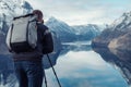 Proffesional photographer at Stegastein viewpoint above Aurlandsfjord in Norway