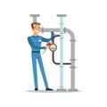 Proffesional plumber man character installing a water meter on a pipeline, plumbing work vector Illustration