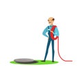 Proffesional plumber man character stnding next to a sewer manhole, plumbing work vector Illustration