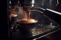 Close-up of espresso pouring from coffee machine. Professional coffee brewing