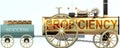 Proficiency and success - symbolized by a steam car pulling a success wagon loaded with gold bars to show that Proficiency is