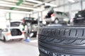 Profil of car tyre in the car repair workshop - closeup Royalty Free Stock Photo