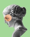 Profile of antique statue bust with human eye photo element on green background. Modern design. Contemporary colorful