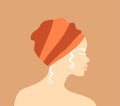 Profile of a beautiful african albino woman in an orange traditional turban  on a soft orange background. Flat vector illustration Royalty Free Stock Photo
