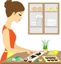 Profile of a beautiful lady. Cute girl cooks sushi, makes rolls. She is a skilled hostess. Vector illustration