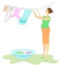 Profile of a beautiful lady. Pregnant woman hangs wet clothes in the yard. The girl is sweet and kind hostess. Vector illustration Royalty Free Stock Photo