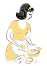 Profile of a beautiful pregnant lady. The girl cooks food, fries eggs in a pan. The woman is a good wife and a neat housewife, a