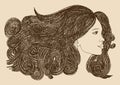 Profile of beautiful woman with waving hair.Graphic style