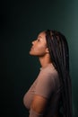 Profile of a beautiful young woman with braids in her hair, sitting Royalty Free Stock Photo