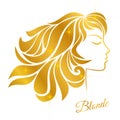 Profile of a blonde girl with golden hair and shine isolated on a white background