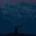 Profile of a boy looking at a telescope at night