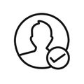 Profile check icon linear vector graphics sign Royalty Free Stock Photo