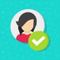 Profile with checkmark icon vector, flat woman user account accepted symbol with tick, approved or applied person sign