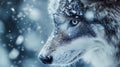 Profile close-up of gray wolf in snow with intense blue eyes and winter light Royalty Free Stock Photo