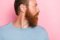 Profile cropped close up photo of focused concentrated person beard cut isolated on pink color background