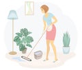 Profile of a cute lady. A girl mops the floor in the room. The woman is a good wife and a tidy housewife. Vector