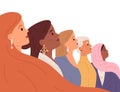 Profile of diverse women faces. Feminists of different ages and races. Diversity and equality of woman, sisterhood, girl