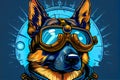 German shepherd dog as a pilot, cartoon steampunk fantasy style illustration of a dog with pilot goggles. Generative AI