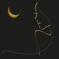 Profile of a girl golden contour drawing lineart. logo beauty salon.moon in the night sky. vector illustration isolated