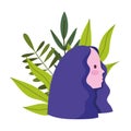 Profile girl head cartoon with leaves nature