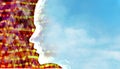 Profile head outline faces disruption of stress with mindfulness meditation on blue sky thinking Royalty Free Stock Photo