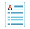 Profile icon female with red hair on blue document. Resume or CV representation with photo and text lines. Simplified