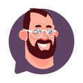 Profile Icon Male Head In Chat Bubble Isolated, Bearded Caucasian Man Wearing Glasses Avatar Cartoon Character Portrait