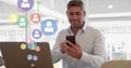 Profile icons and arrows moving upwards against caucasian senior man using smartphone at office