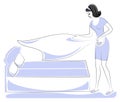 Profile of a lovely lady. The girl makes a bed in the room. A woman is a good wife and a neat housewife, a maid. Vector