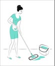 Profile of a lovely lady. The girl washes the floor in the room with a mop. A woman is a good wife, a neat housewife and a maid. Royalty Free Stock Photo