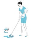 Profile of a lovely lady. The girl washes the floor in the room with a mop. A woman is a good wife, a neat housewife and a maid. Royalty Free Stock Photo