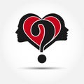 Profile of male and female head with heart and question mark. The concept of relationships between men and women