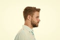 Profile of man with beard on unshaven face isolated on white background. Handsome man in blue shirt, fashion. Bearded