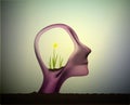 Profile of the man with flower plant growing inside his head, think positive, refresh the nerve system, Royalty Free Stock Photo