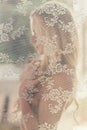 Profile, naked and sensual woman with lace curtain for desire or tempting, seductive and passionate to allure. Female Royalty Free Stock Photo