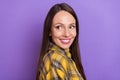 Profile photo of beaming mature lady look empty space wear plaid shirt on purple color background