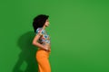 Profile photo of candid confident chevelure hairdo lady in summertime outfit look novelty unknown brand isolated on Royalty Free Stock Photo