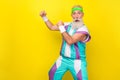 Profile photo of crazy aged person raise fists prepare fight enemy wear condensed milk tin color sport suit isolated on