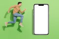 Profile photo of crazy carefree nice sporty guy run jump wear beige shirt jeans footwear isolated green color background