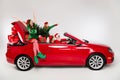 Profile photo of crazy people santa team drive car prepare x-mas wear costume isolated white color background Royalty Free Stock Photo
