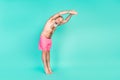 Profile photo of excited funky old man jump pool open mouth wear pink shorts isolated teal color background Royalty Free Stock Photo