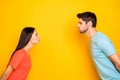 Profile photo of funny cute two people guy lady eyes closed standing opposite blind kisses dating wear casual blue Royalty Free Stock Photo