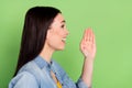 Profile photo of funny nice brown hairdo lady talk hand mouth wear jeans shirt isolated on green background