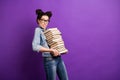 Profile photo of funny student lady holding many books carry literature home heavy baggage panic wear specs casual denim