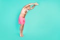 Profile photo of funny swimmer crazy man jump pool empty space wear pink shorts isolated teal color background Royalty Free Stock Photo