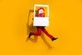 Profile photo of guy jump hold snapshot frame sporty run wear cock polygonal mask red tux isolated yellow color