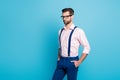 Profile photo of handsome macho business man cool trend clothes guy eyesight care vision specs look empty space wear Royalty Free Stock Photo