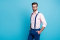 Profile photo of handsome macho business man cool trend clothes guy smile without teeth eyesight care vision specs wear Royalty Free Stock Photo