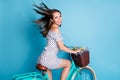 Profile photo of lady ride bicycle pot wildflowers look camera wear dotted short dress isolated blue color background Royalty Free Stock Photo